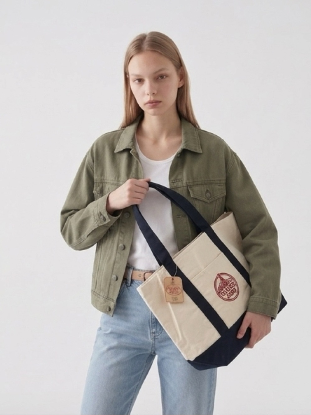 Trader Joe’s NWT Large Canvas Tote Bag Navy Blue Embroidered Logo Shopper
